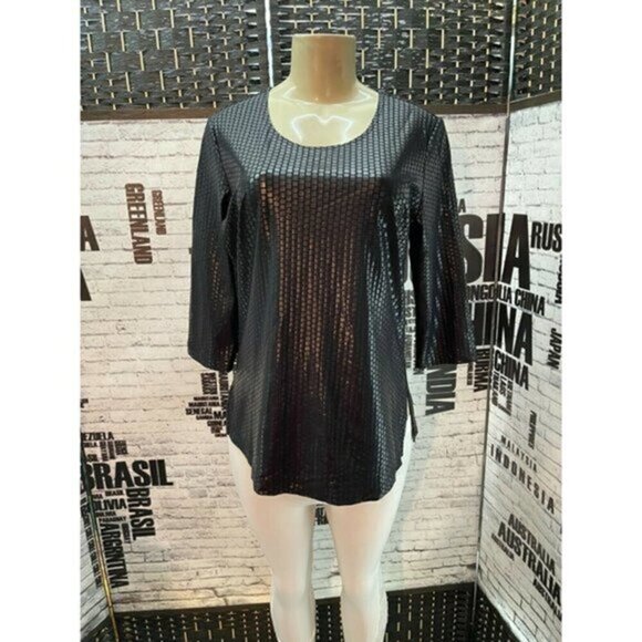 Carolyn Strauss CSC Studio Petite Med Black Coated Square Print 3/4 Sleeve Top - Picture 1 of 5